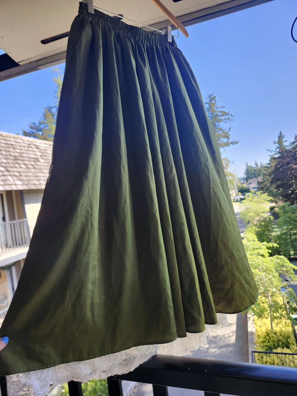 Renfaire Victorian Green Satin Maxi Skirt with Lace Underlay
